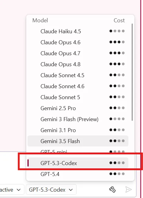 Select the model in Copilot
