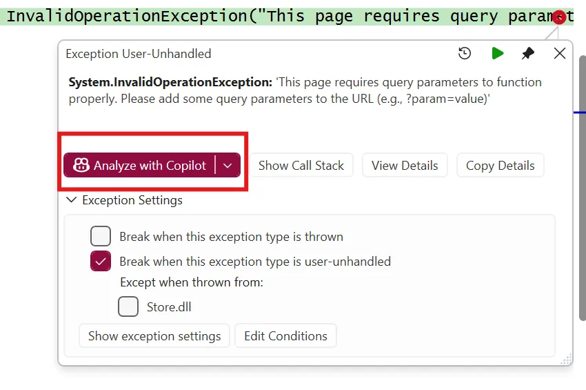 Pop up for exception with Analyze with Copilot option