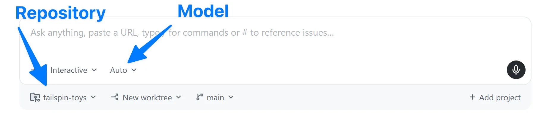 The GitHub Copilot app prompt box with the repository selector set to tailspin-toys and the model selector shown beneath the prompt