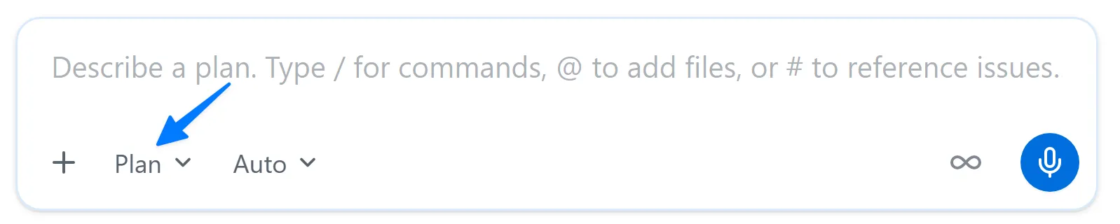 The GitHub Copilot app prompt box with an arrow pointing to the mode selector set to Plan
