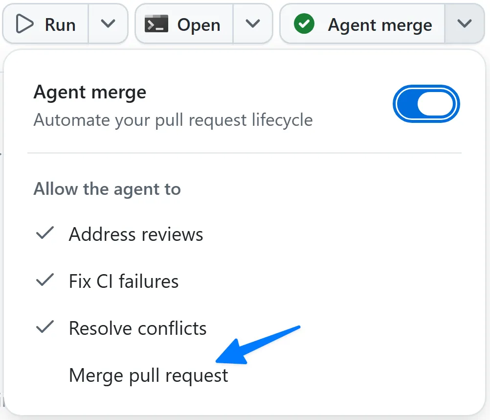 The Agent merge dropdown showing the agent's allowed actions — Address reviews, Fix CI failures, Resolve conflicts — with an arrow pointing to Merge pull request