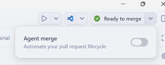 The Create PR dropdown in the GitHub Copilot app expanded, with an arrow pointing to the Agent merge option