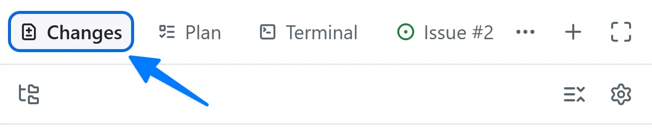 The session panel tabs in the GitHub Copilot app with an arrow pointing to the Changes tab